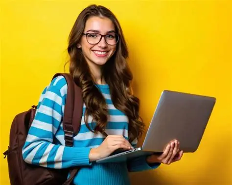 aAdolescente con mochila usando su portátil para estudiantes en la vuelta al cole